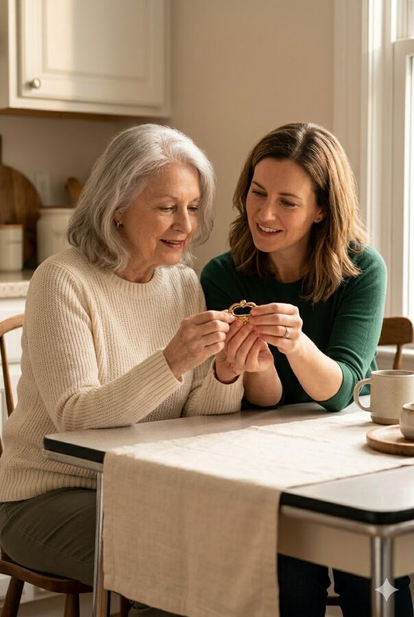 A mother and daughter looking at a family brooch together at the kitchen table