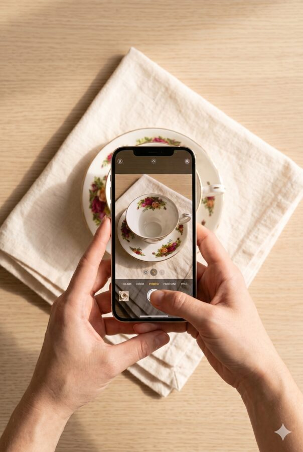 Photographing a vintage teacup and saucer on a plain linen napkin with a phone