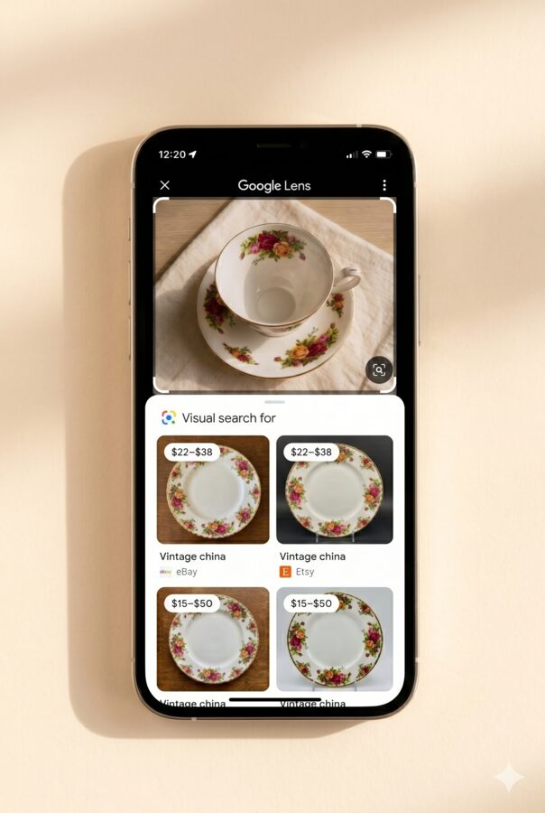 Google Lens results showing matching vintage china with price ranges