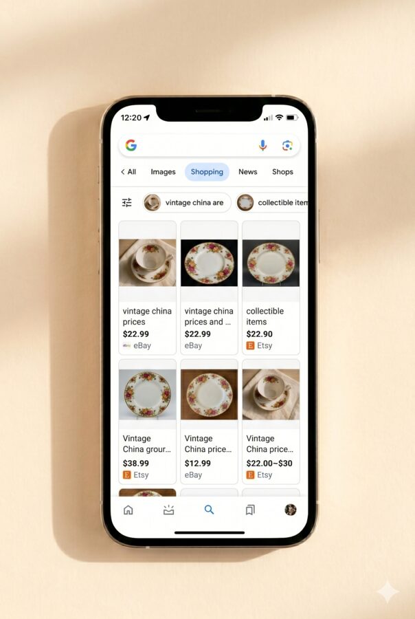 The Shopping tab in Google results showing the same china listed on eBay and Etsy