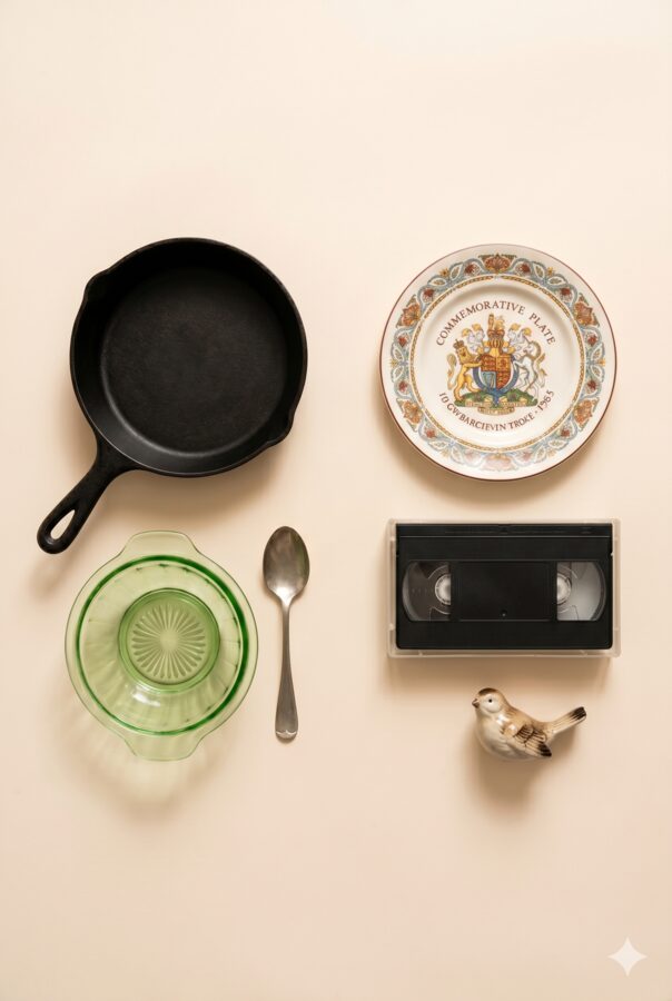 A flatlay of household items: cast iron pan, depression glass, silver spoon, commemorative plate, VHS tape, and figurine